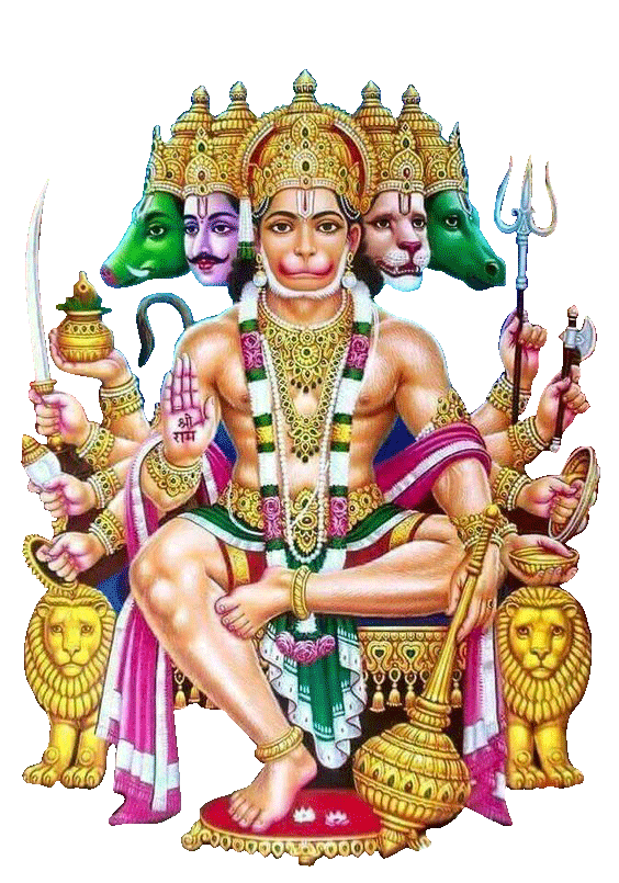 आसन पर विराजमान श्री पंचमुखी हनुमान, पाँच मुख और श्री राम का अभय हस्त